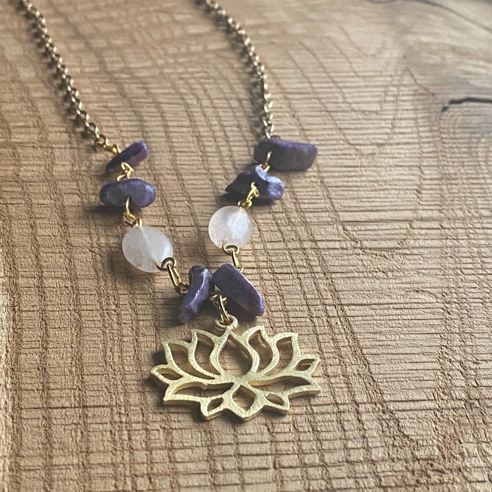 Gold and Purple Lotus Pendant Necklace with Amethyst and Rose Quartz - Picture 7 of 8